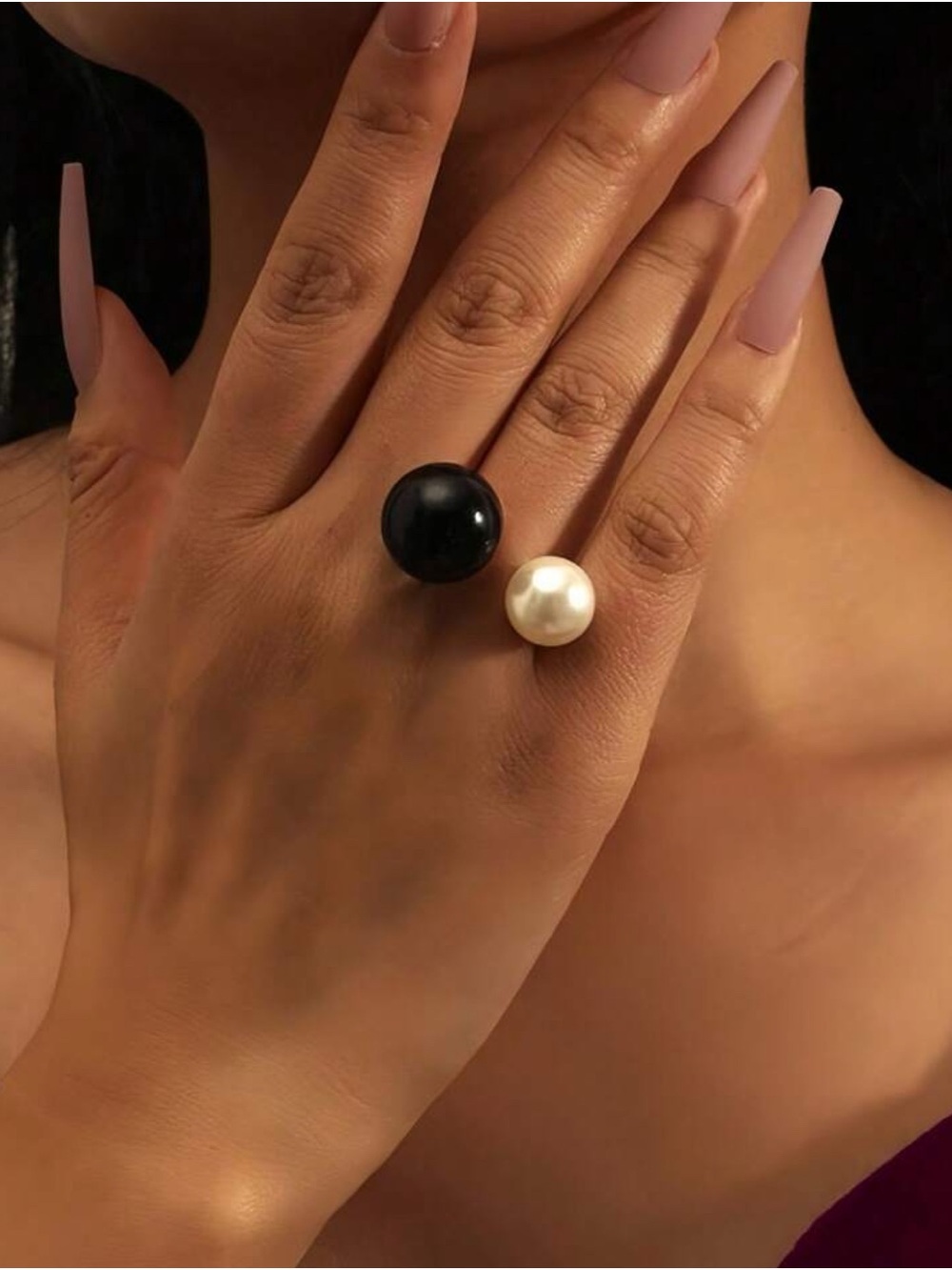 Vintage Black & White Pearl Open Ring